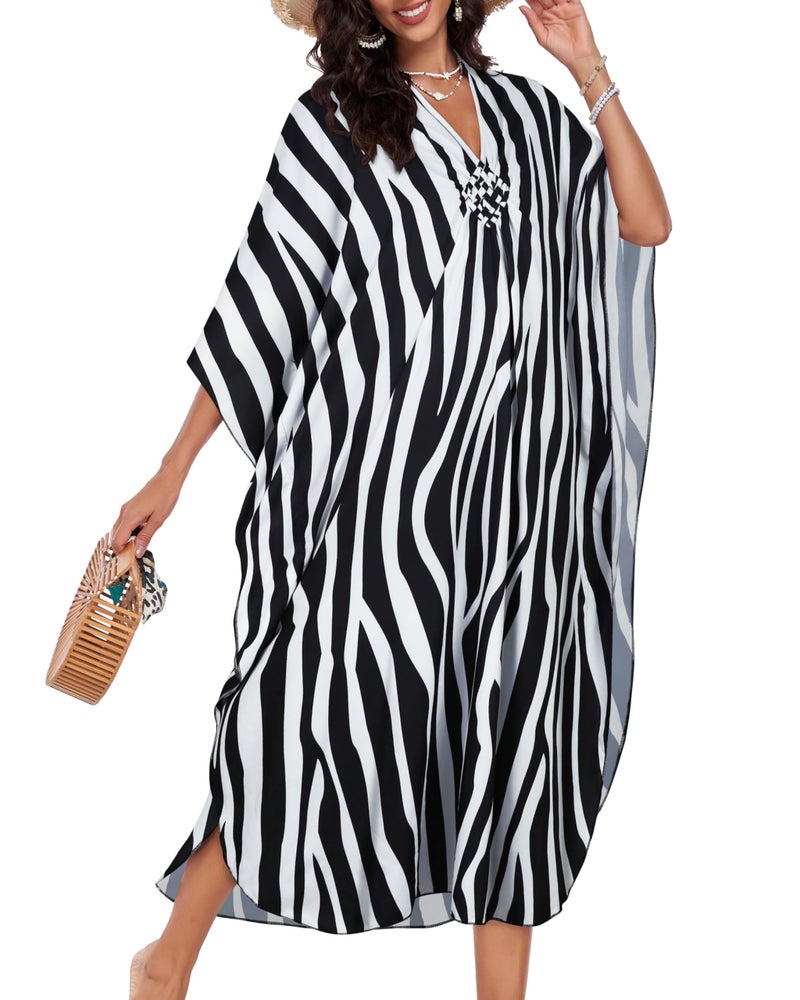 JILUVIN Kaftan Dresses for Women Plus Size V Neck Caftans Long Batwing Sleeve Beach Cover Ups Summer Floral Print Dress (Black White Stripe,One Size) - Image 2