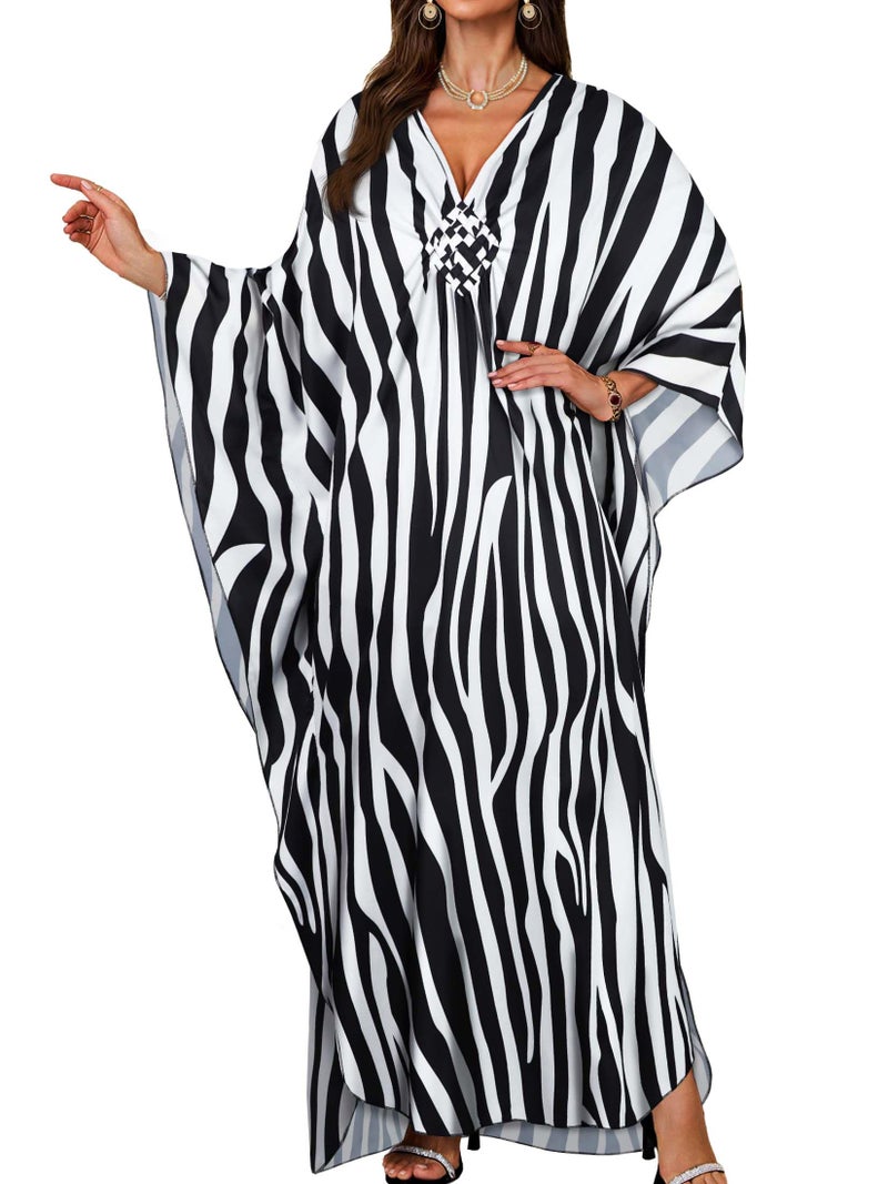 JILUVIN Kaftan Dresses for Women Plus Size V Neck Caftans Long Batwing Sleeve Beach Cover Ups Summer Floral Print Dress (Black White Stripe,One Size) - Image 1
