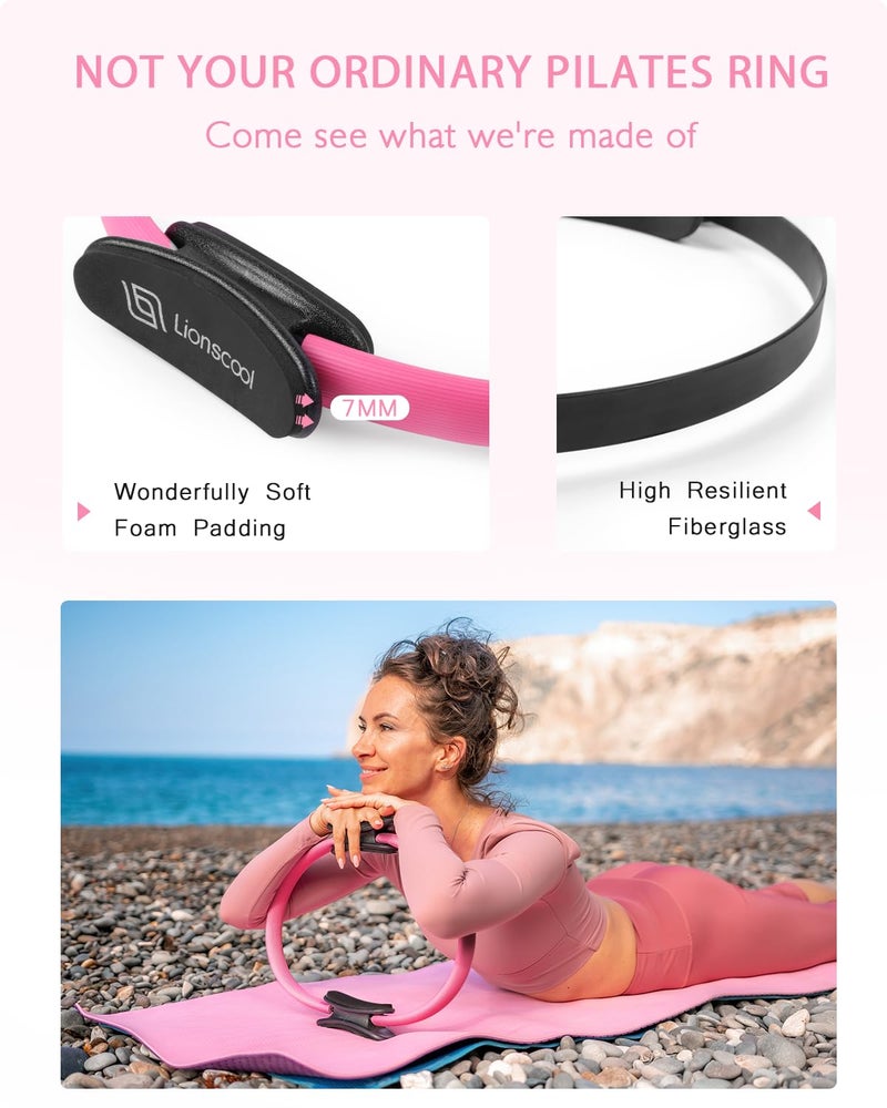 LIONSCOOL Pilates Ring Set â€“ 14" Anti-Deformation Magic Circle with Padded Handles, Mini Ball, Resistance Bands, Guide & Bag (Pink) - Image 3