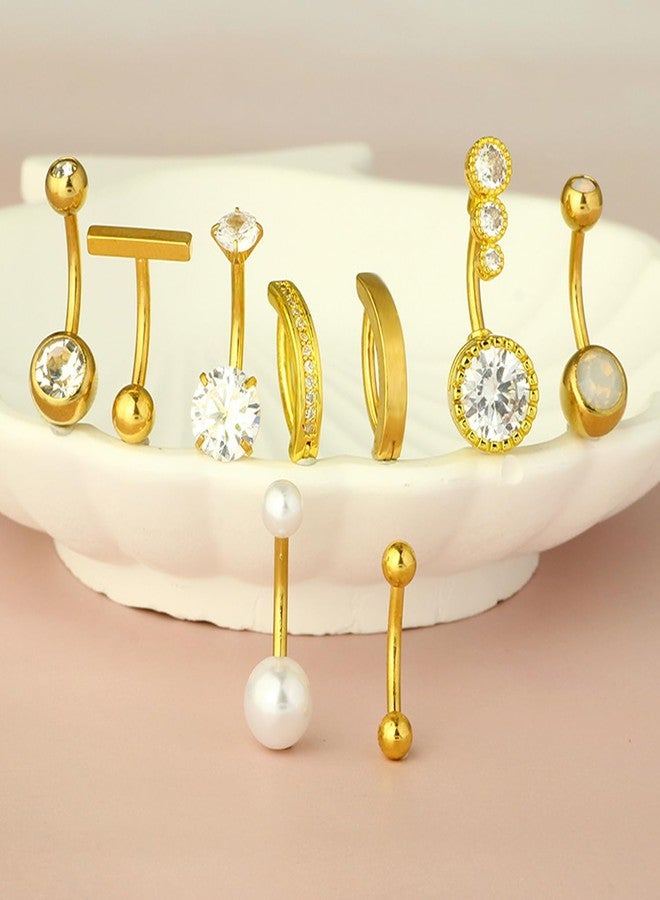 Suny Smiling 9 Pcs Belly Button Ring Gold, Surgical Stainless Steel Clicker with CZ, Opal & Pearl Clicker Belly Button Ring Hypoallergenic Navel Piercing Jewelry Pack for Women - Image 3