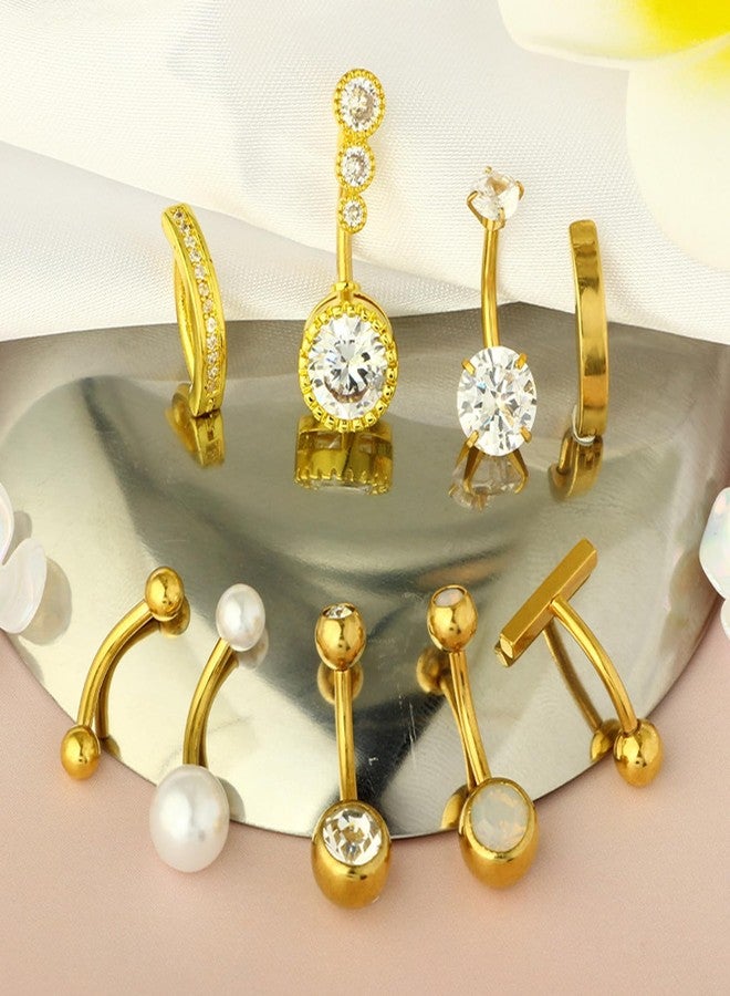 Suny Smiling 9 Pcs Belly Button Ring Gold, Surgical Stainless Steel Clicker with CZ, Opal & Pearl Clicker Belly Button Ring Hypoallergenic Navel Piercing Jewelry Pack for Women - Image 4
