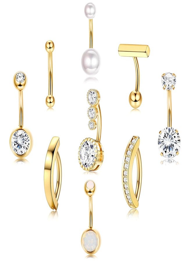 Suny Smiling 9 Pcs Belly Button Ring Gold, Surgical Stainless Steel Clicker with CZ, Opal & Pearl Clicker Belly Button Ring Hypoallergenic Navel Piercing Jewelry Pack for Women - Image 1