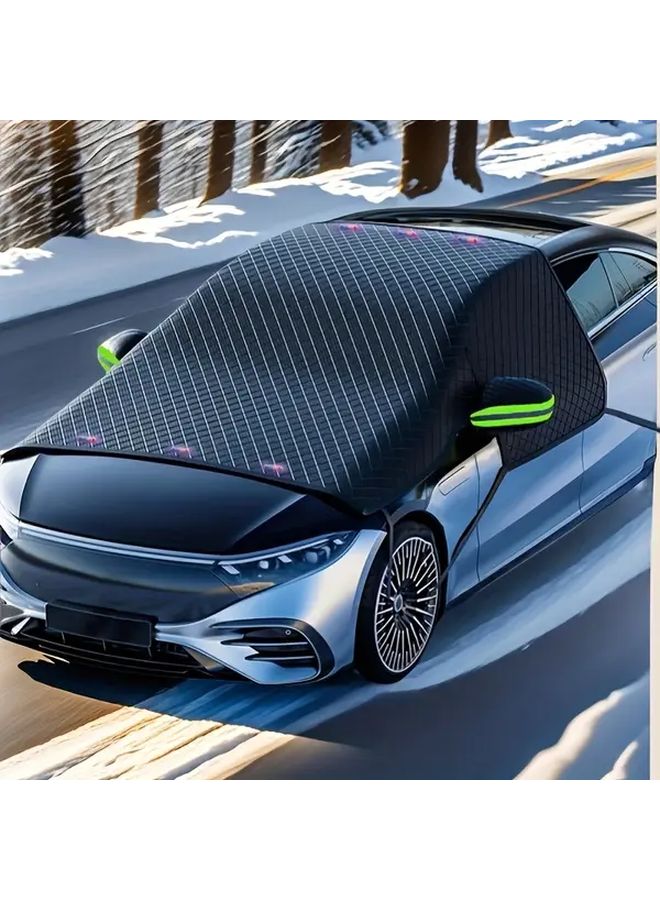 Car Windshield Snow Cover Sunshade Green Reflective Strips All Season Universal Fit For Most Cars Trucks SUVs Durable Oxford Cloth Material Snowproof Sunproof Easy Installation And Storage - Image 1
