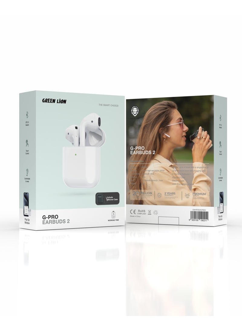 GREEN LION Earbuds 2 G-Pro with Touch Control / Comfortable to wear / 5H Play Time / True Wireless Earbuds / Hands-Free Headphone / Truewireless Headphone - White - Image 2