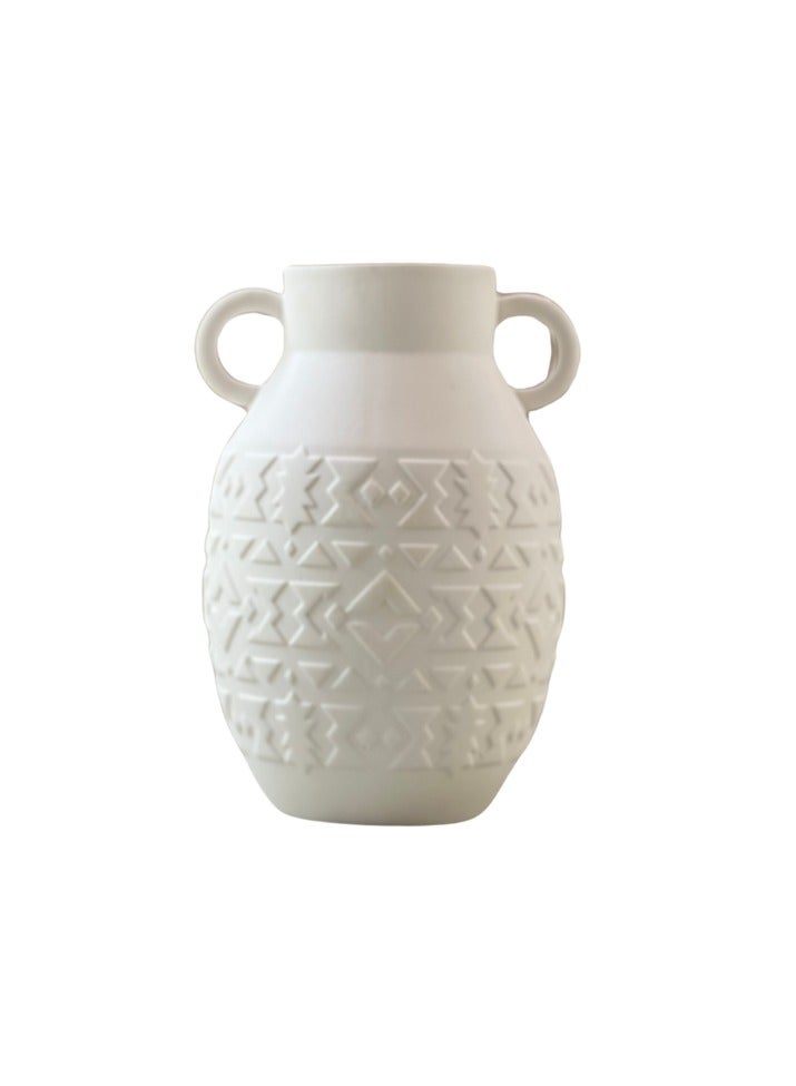 Bamboo Decor |Contemporary Ceramic Vase _ Minimalist Design _Moroccan Style ceramic embossed pattern  suitable for Dried Plants _ Boho Décor For Dining-Console-Accent Table (White -26 CM) - Image 1