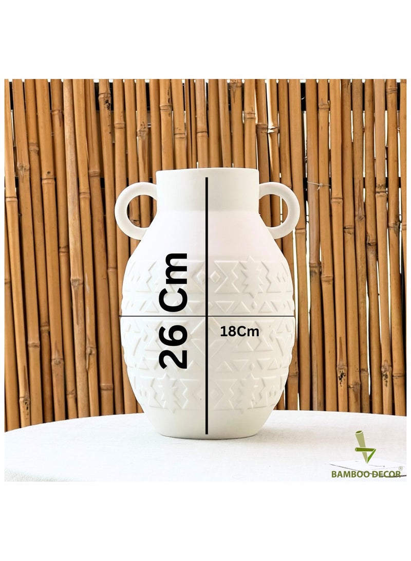 Bamboo Decor |Contemporary Ceramic Vase _ Minimalist Design _Moroccan Style ceramic embossed pattern  suitable for Dried Plants _ Boho Décor For Dining-Console-Accent Table (White -26 CM) - Image 3