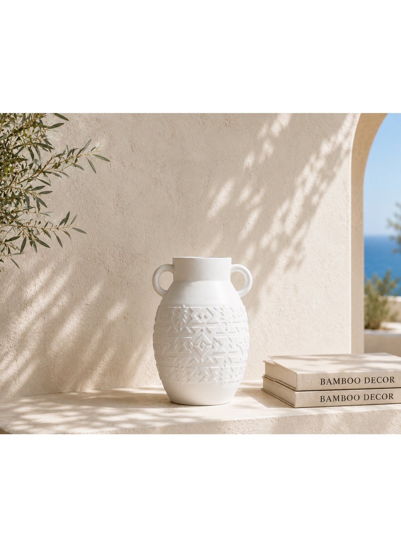 Bamboo Decor |Contemporary Ceramic Vase _ Minimalist Design _Moroccan Style ceramic embossed pattern  suitable for Dried Plants _ Boho Décor For Dining-Console-Accent Table (White -26 CM) - Image 1