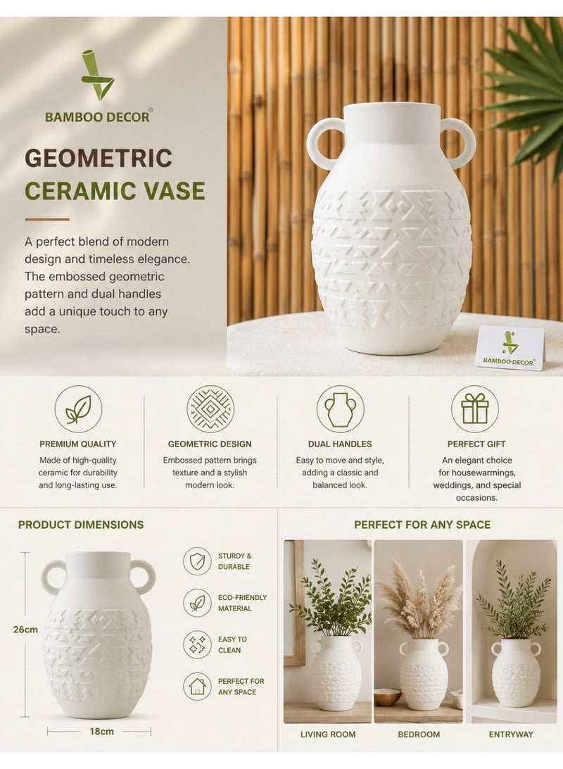 Bamboo Decor |Contemporary Ceramic Vase _ Minimalist Design _Moroccan Style ceramic embossed pattern  suitable for Dried Plants _ Boho Décor For Dining-Console-Accent Table (White -26 CM) - Image 2