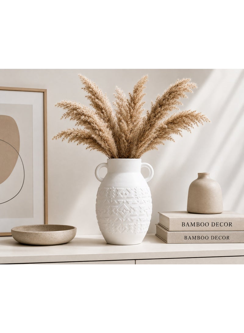 Bamboo Decor |Contemporary Ceramic Vase _ Minimalist Design _Moroccan Style ceramic embossed pattern  suitable for Dried Plants _ Boho Décor For Dining-Console-Accent Table (White -26 CM) - Image 3