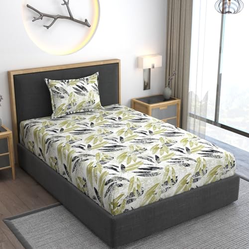 AMEYAA 350 TC Cotton Feel Glace Cotton All Around Elastic Fitted Bedsheets Single Size Premium Super Soft Fitted Bedsheet Single Size with 1 Pillow Cover Fits Up to 6 to 8 Inches, 78 x 48, Green - Image 1