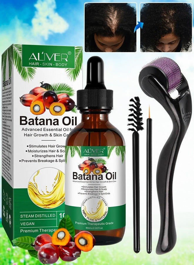 ALIVER 60ml Batana Oil with Roller for Hair Growth Hair Conditioner Oil for Thin Hair Repair Damaged Hair Nourishes Thin Hair Scalp Skin and Loss Hair Growth Fit for All Hair Types Raw Batana Oil - Image 1