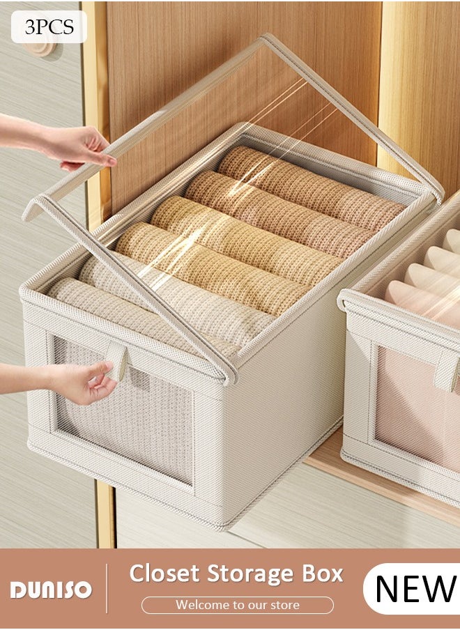 DUNISO 3 Pieces Foldable Closet Storage Organizer with Clear Lid and Window, Washable Closet Storage Boxes with Carrying Handles , Stackable Wardrobe Clothes Organizer,Cube Storage Bin for Clothes Wardrobe Home Bedroom Office  - Image 1