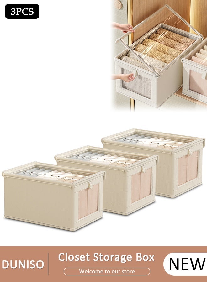 DUNISO 3 Pieces Foldable Closet Storage Organizer with Clear Lid and Window, Washable Closet Storage Boxes with Carrying Handles , Stackable Wardrobe Clothes Organizer,Cube Storage Bin for Clothes Wardrobe Home Bedroom Office - Image 1