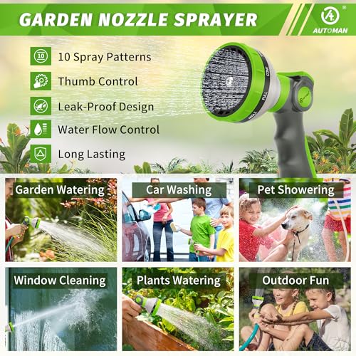 AUTOMAN Garden Hose Nozzle Sprayer 10 Spray Patterns 2 Pack Thumb Control Water Hose Nozzle Outdoor Heavy Duty Spray Nozzles for Watering Garden Cleaning Window Washing Car Showering Pets - Image 3