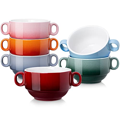 LOVECASA MultiColor 12 OZ Soup Bowls with Handles Ceramic Small French Onion Soup Bowls Mini Soup Mugs Serving Bowls for Kitchen Microwave  Dishwasher SafeSet of 6