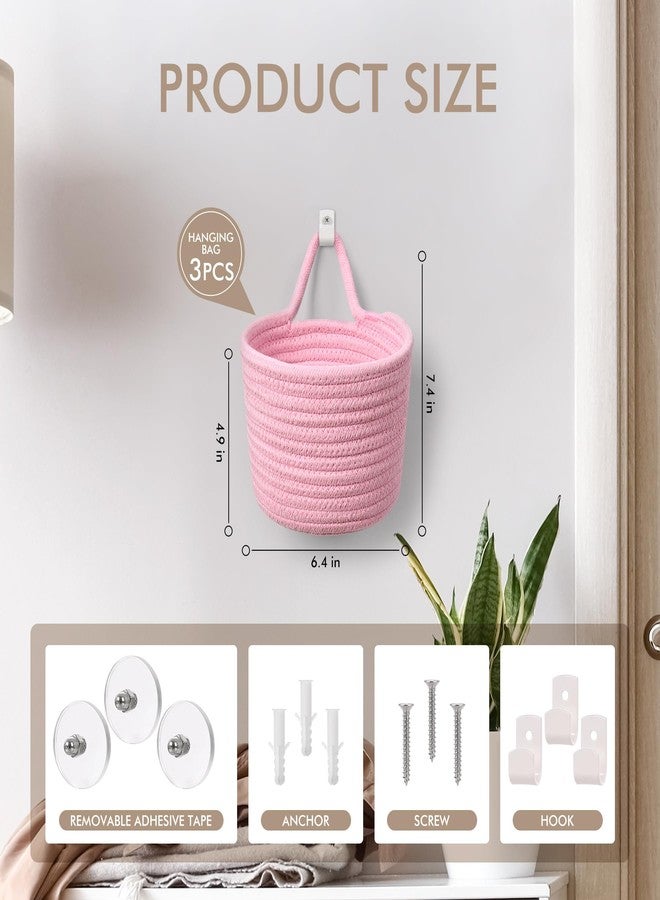 LIGHT DUST Fabric Wall Hanging Baskets - 3Pack Woven Pouchs Boho Style Wall Mounted Bag with Adhesive Hooks, Storage Organizers and Decoration Pocket Caddy Bins on Door Rack (Bright Pink & White, Large) - Image 2