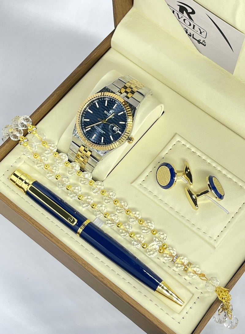 RR A wonderful stainless steel men's set consisting of a watch, a rosary, a pen and cufflinks half steel