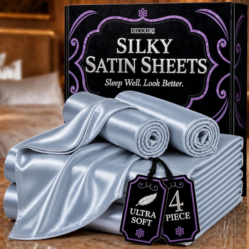 DECOLURE Satin Sheets Queen Size Bed Set 4 Pcs - Elegant Satin Bed Sheets w/ 15 inch Deep Pocket - Hypoallergenic, Double Stitching, Wrinkle Free - Silky & Luxuriously Soft Satin Bedding (Baby Blue) - Image 1