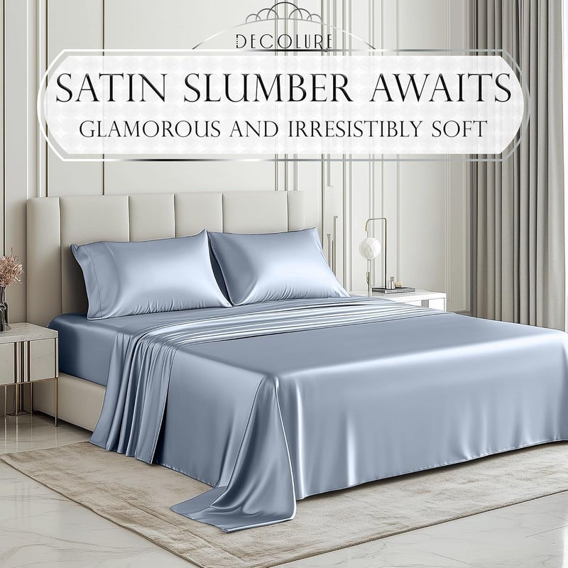 DECOLURE Satin Sheets Queen Size Bed Set 4 Pcs - Elegant Satin Bed Sheets w/ 15 inch Deep Pocket - Hypoallergenic, Double Stitching, Wrinkle Free - Silky & Luxuriously Soft Satin Bedding (Baby Blue) - Image 2