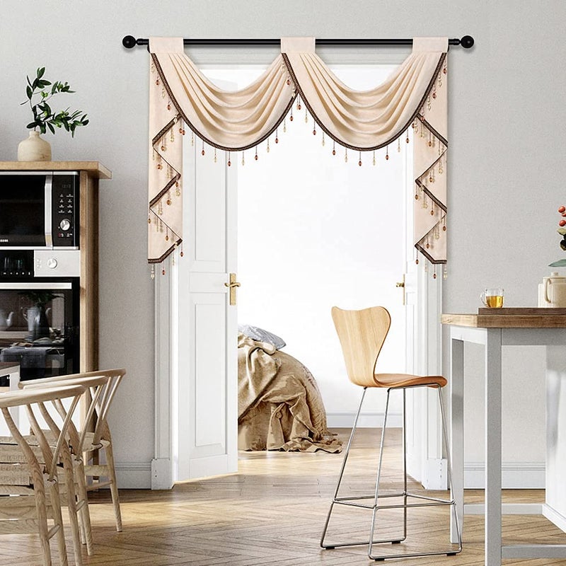 ELKCA Beige Chenille Waterfall Valance for Living Room 2 Hollow Swag Valance for Bedroom Kitchen CurtainsRod Pocket1 Panel
