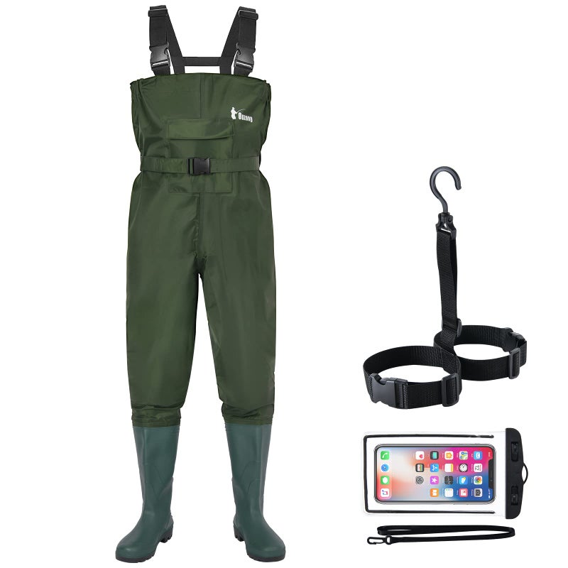 Ouzong Bootfoot Fishing Chest Waders for Men Women with Boots 2-Ply Nylon/PVC Waterproof Hunting Waders with Boots Hanger (Green-011) - Image 1