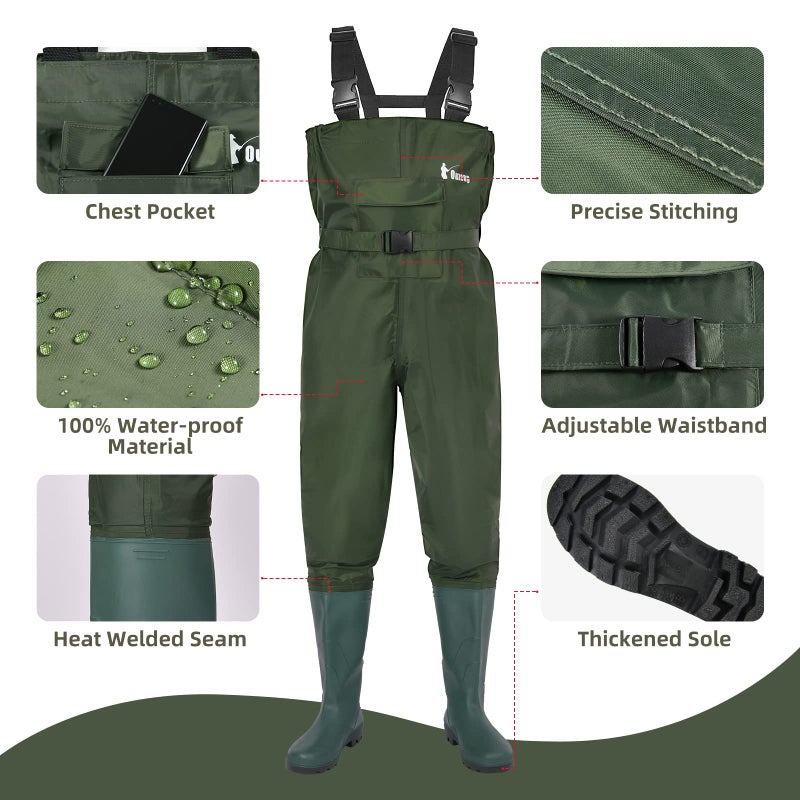 Ouzong Bootfoot Fishing Chest Waders for Men Women with Boots 2-Ply Nylon/PVC Waterproof Hunting Waders with Boots Hanger (Green-011) - Image 3