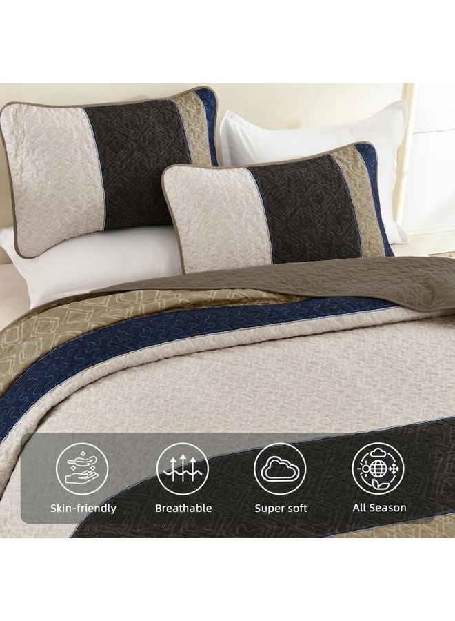 Cottolester Quilt Set Queen Size 3 Pieces,Striped Plaid Bedspread Coverlet Set,Brown Blue Boho Bedding Set Soft Microfiber Bedding Set with 2 Pillow Shams 96"x90" - Image 4