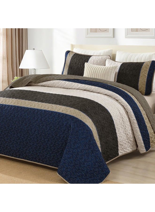 Cottolester Quilt Set Queen Size 3 Pieces,Striped Plaid Bedspread Coverlet Set,Brown Blue Boho Bedding Set Soft Microfiber Bedding Set with 2 Pillow Shams 96"x90" - Image 1