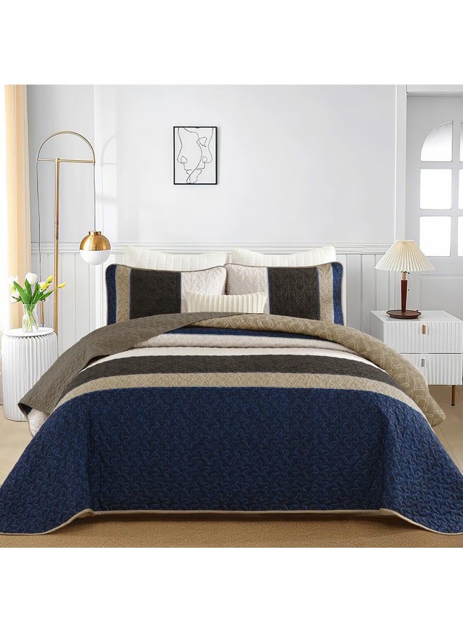 Cottolester Quilt Set Queen Size 3 Pieces,Striped Plaid Bedspread Coverlet Set,Brown Blue Boho Bedding Set Soft Microfiber Bedding Set with 2 Pillow Shams 96"x90" - Image 2