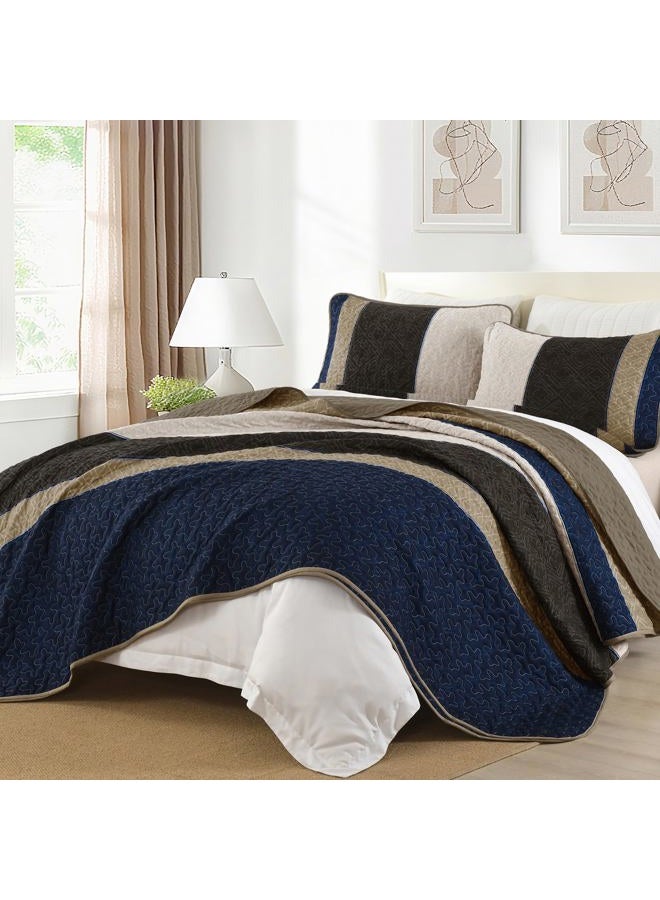 Cottolester Quilt Set Queen Size 3 Pieces,Striped Plaid Bedspread Coverlet Set,Brown Blue Boho Bedding Set Soft Microfiber Bedding Set with 2 Pillow Shams 96"x90" - Image 3