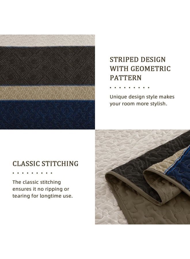 Cottolester Quilt Set Queen Size 3 Pieces,Striped Plaid Bedspread Coverlet Set,Brown Blue Boho Bedding Set Soft Microfiber Bedding Set with 2 Pillow Shams 96"x90" - Image 5