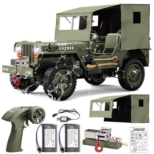 Yiwsnust RC Jeep 110 Scale Willys Hobby RC Car OffRoad Military Crawler 24Ghz Military Truck 4WD RC Crawler with Light Tarpaulin Metal Shaft 4x4 Off Road Vehicle RTR Jeep Car 2 Batteries - Image 1