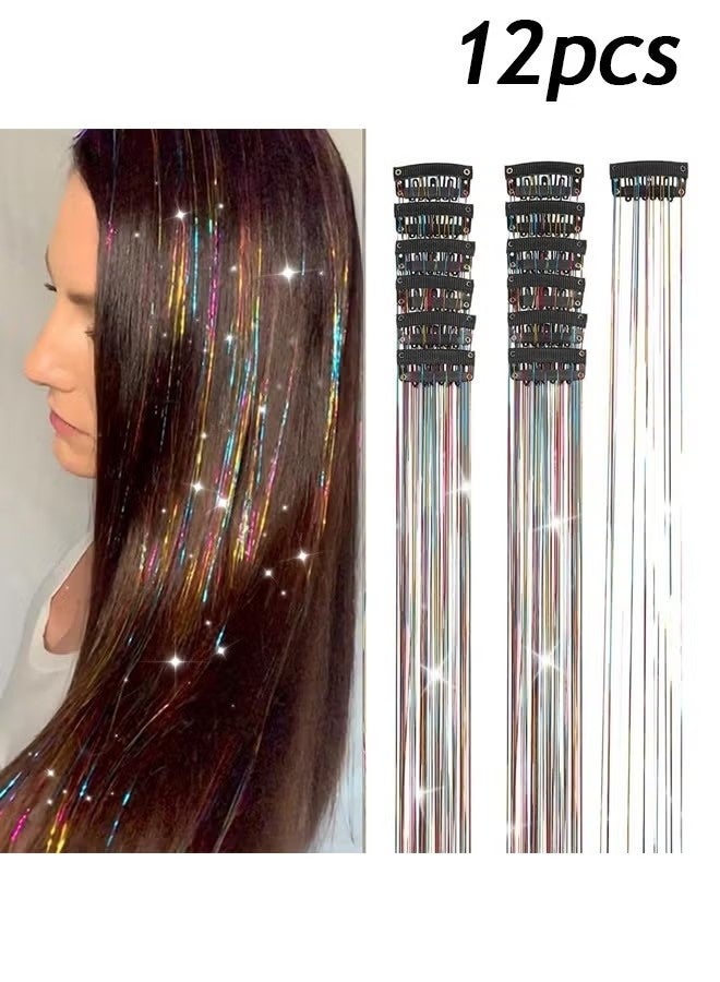 OMEVE Hair Tinsel 12Pcs Clip in Rainbow Hair Accessories 20.5 Inch Fairy Hair Tinsel Kit for Women Girls Kids Glitter Extensions for New Year Party (Rainbow) - Image 1