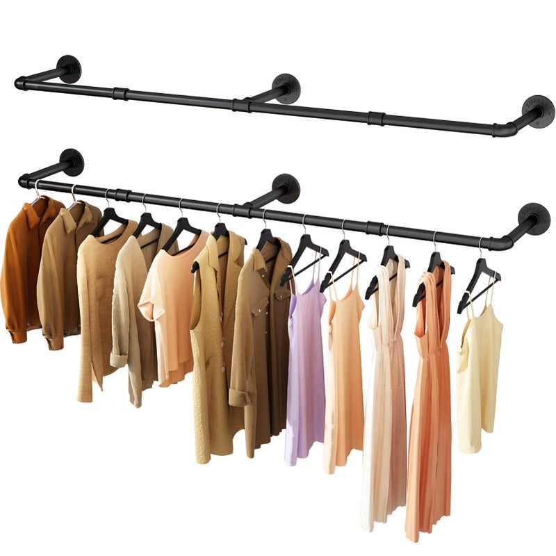UlSpeed Wall Mounted Clothes Rack 52.6in, Industrial Pipe Clothing Racks Wall Mount, Heavy Duty Detachable Iron Garment Bar, Saving Space, Multi-Purpose Hanging Rod for Bedroom, Laundry Room, 2 Packs - Image 1