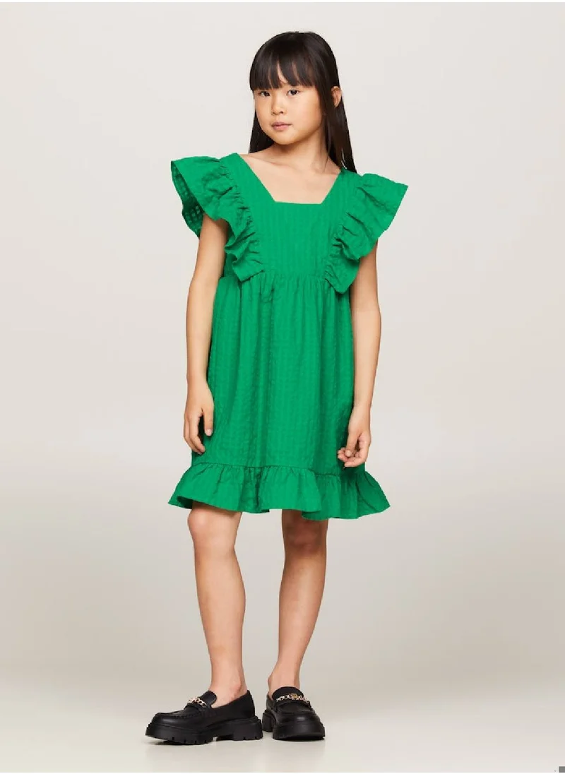 TOMMY HILFIGER Girls' Seersucker Frill Fit And Flare Dress -  Pure cotton seersucker, Green