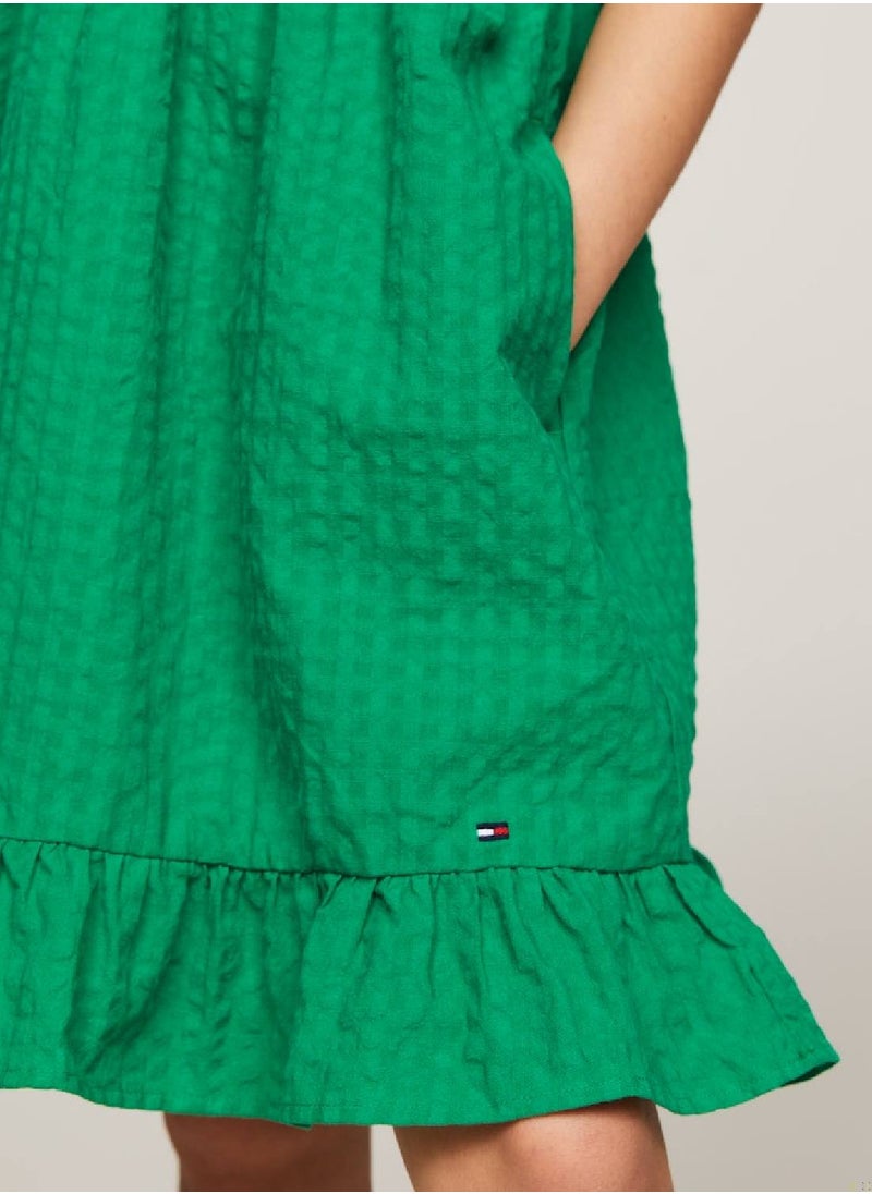 TOMMY HILFIGER Girls' Seersucker Frill Fit And Flare Dress -  Pure cotton seersucker, Green  - Image 3