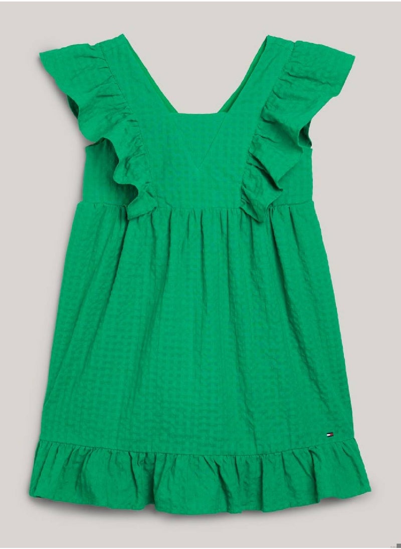 TOMMY HILFIGER Girls' Seersucker Frill Fit And Flare Dress -  Pure cotton seersucker, Green  - Image 2