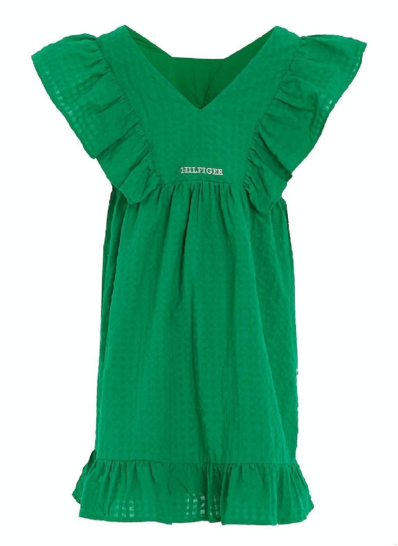 TOMMY HILFIGER Girls' Seersucker Frill Fit And Flare Dress -  Pure cotton seersucker, Green  - Image 5