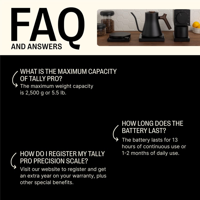 Fellow Tally Pro Studio Digital Coffee Scale - Precision Scale with Glass Top - Digital Kitchen Scale for Coffee & Small Goods up to 5 lbs - Measures in g, oz, lbs, & mm - Matte Black - Image 3