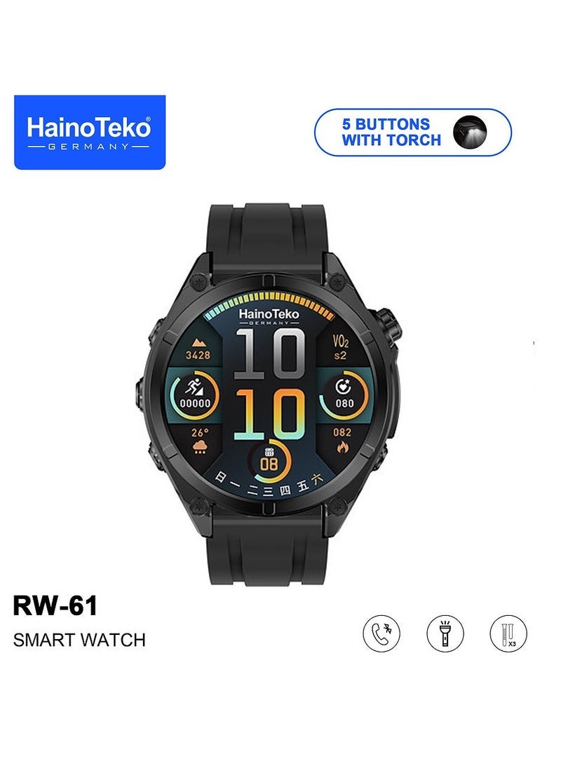 Haino Teko RW-61 Smartwatch with Round AMOLED Display – Stylish Black Design with Built-in Flashlight for Convenience – Includes 3 Pairs of Interchangeable Straps and Charging Cable – Fitness Tracking, Notifications & Long Battery Life – Perfect for Ladies and Gents - Image 2