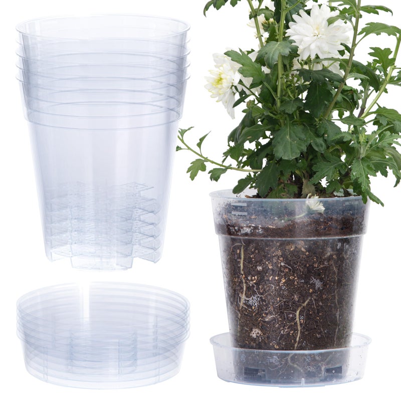 Phoenix Vine 1 Gallon 6 Inch Clear Plastic Plant Pot with Drainage Holes Interlocking Detachable Tray Deep Saucer Durable BPAFree Plastic Transparent Design Raised Base for Airflow Set of 6 92XA6 - Image 2