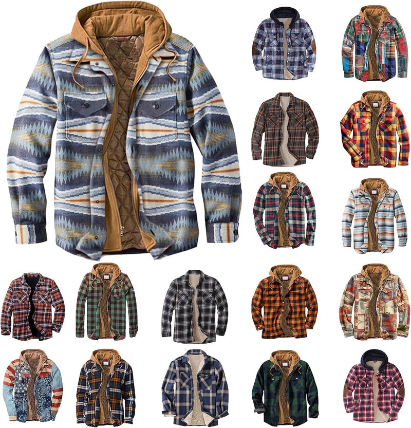 cheekyglo Men's Thermal Lined Jackets for Winter, Fleece Lined Hooded Plaid Jacket, Thicken Quilted Coat Button & Zipper Jackets - Image 1