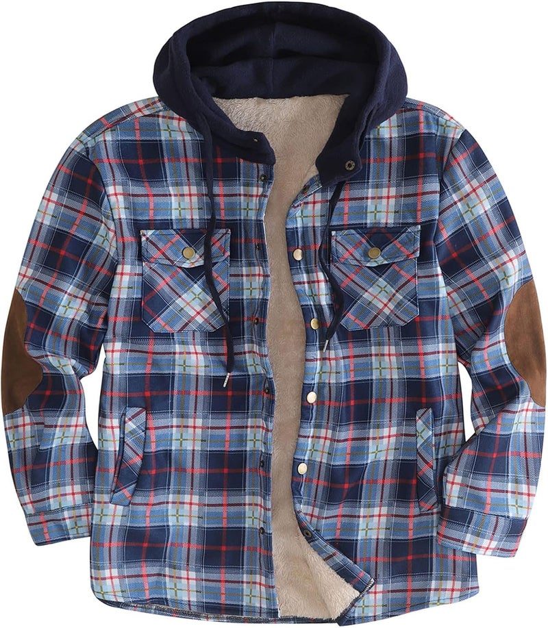 cheekyglo Men's Thermal Lined Jackets for Winter, Fleece Lined Hooded Plaid Jacket, Thicken Quilted Coat Button & Zipper Jackets - Image 2