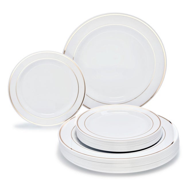 OCCASIONS 120 PLATES PACK60 GUESTS HEAVYWEIGHT PREMIUM WEDDING PARTY DISPOSABLE PLASTIC PLATES SET 60 X 105 DINNER 60 X 75 SALADDESSERT WHITE GOLD RIM
