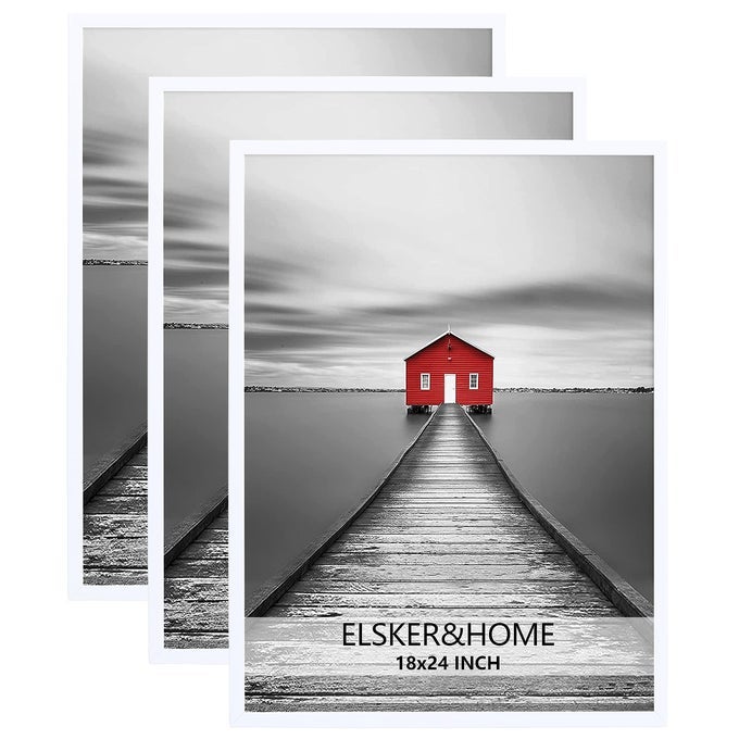 ELSKERHOME 18X24 POSTER FRAME 3 PACK WHITE PICTURE FRAME FOR HORIZONTAL OR VERTICAL WALL MOUNTING STURDY AND SCRATCHPROOF