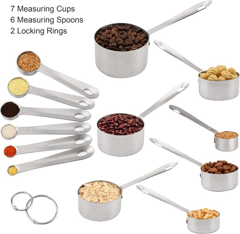 Smithcraft Measuring Cups and Spoons Set, 18/8 Stainless Steel Measuring Cups and Spoons, Metric & US Metal 7 Kitchen Measure Cups & 6 Measuring Spoons, Baking Measuring Tools Set 13 - Image 2