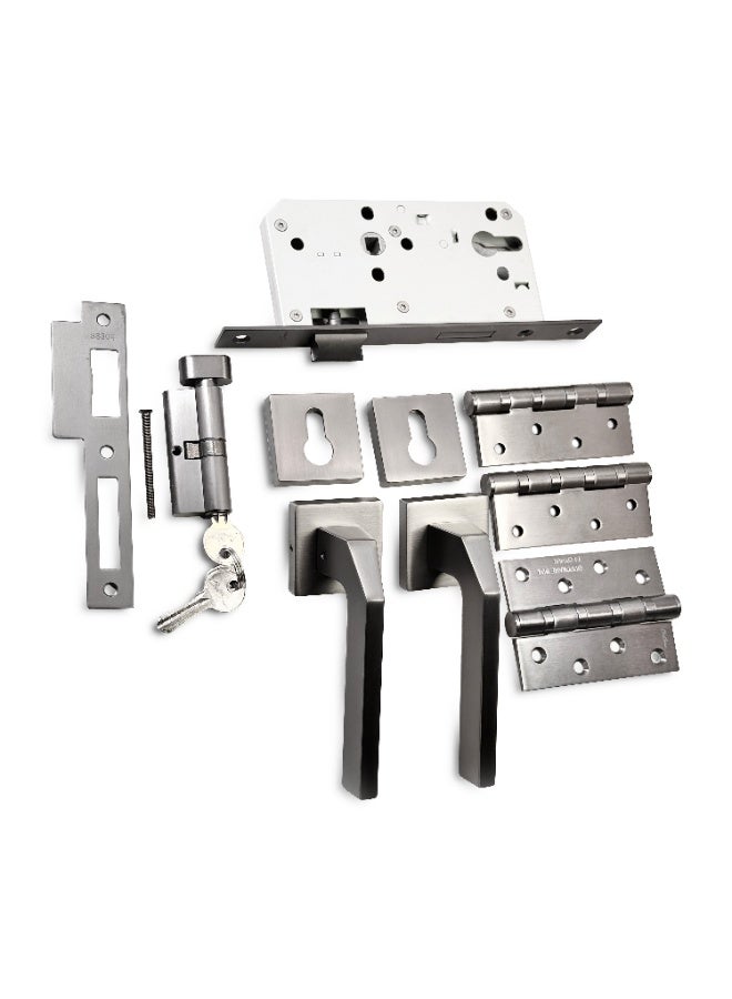 CINCINNO Geminus Premium Zinc Door Lock Set – Complete Door Handle Kit with Lock Body, Cylinder, Hinges, Escutcheon, Striker Plate, Keys – Secure & Stylish for Home and Office Doors (Gun Metal Grey)  - Image 1