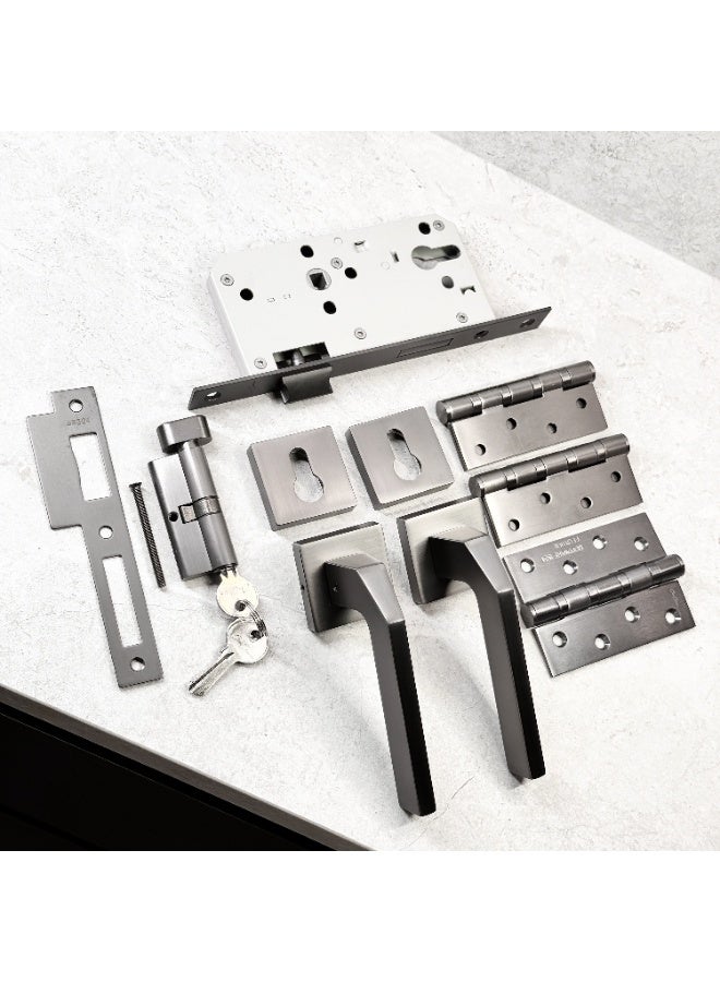 CINCINNO Geminus Premium Zinc Door Lock Set – Complete Door Handle Kit with Lock Body, Cylinder, Hinges, Escutcheon, Striker Plate, Keys – Secure & Stylish for Home and Office Doors (Gun Metal Grey)  - Image 5
