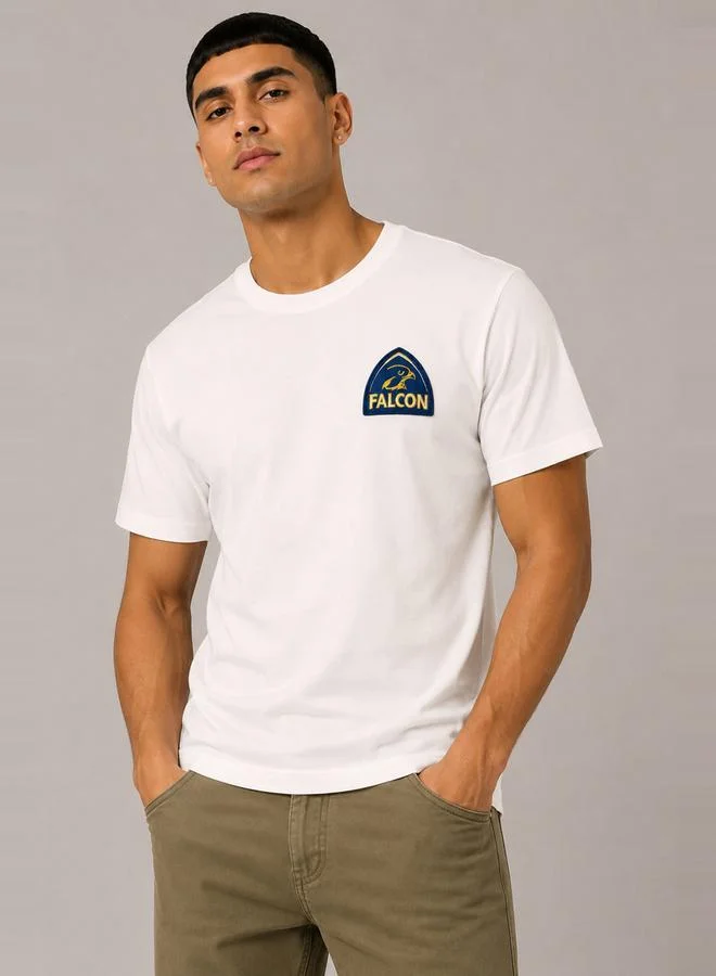 Take Two White Logo Patch Cotton Blend Crew Neck T-Shirt By Falcon