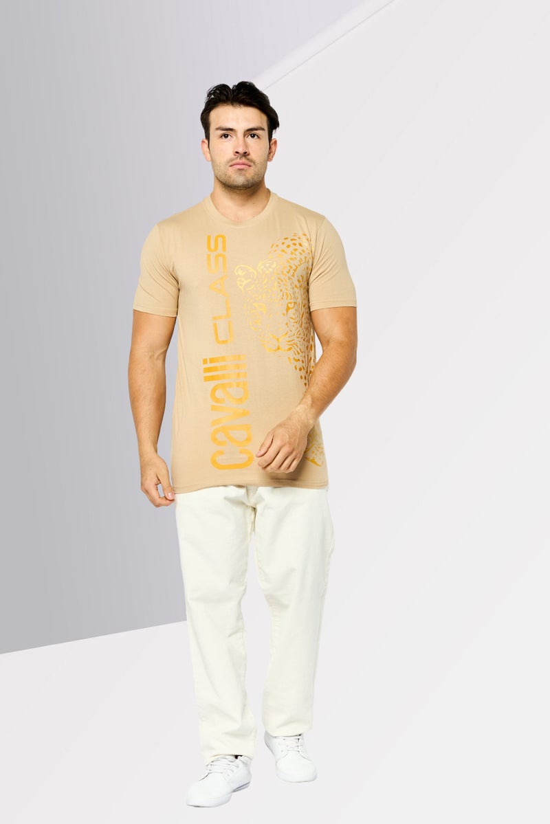 Cavalli Class Men Crew Neck Short Sleeve Brand Logo T-Shirt, Beige - Image 3
